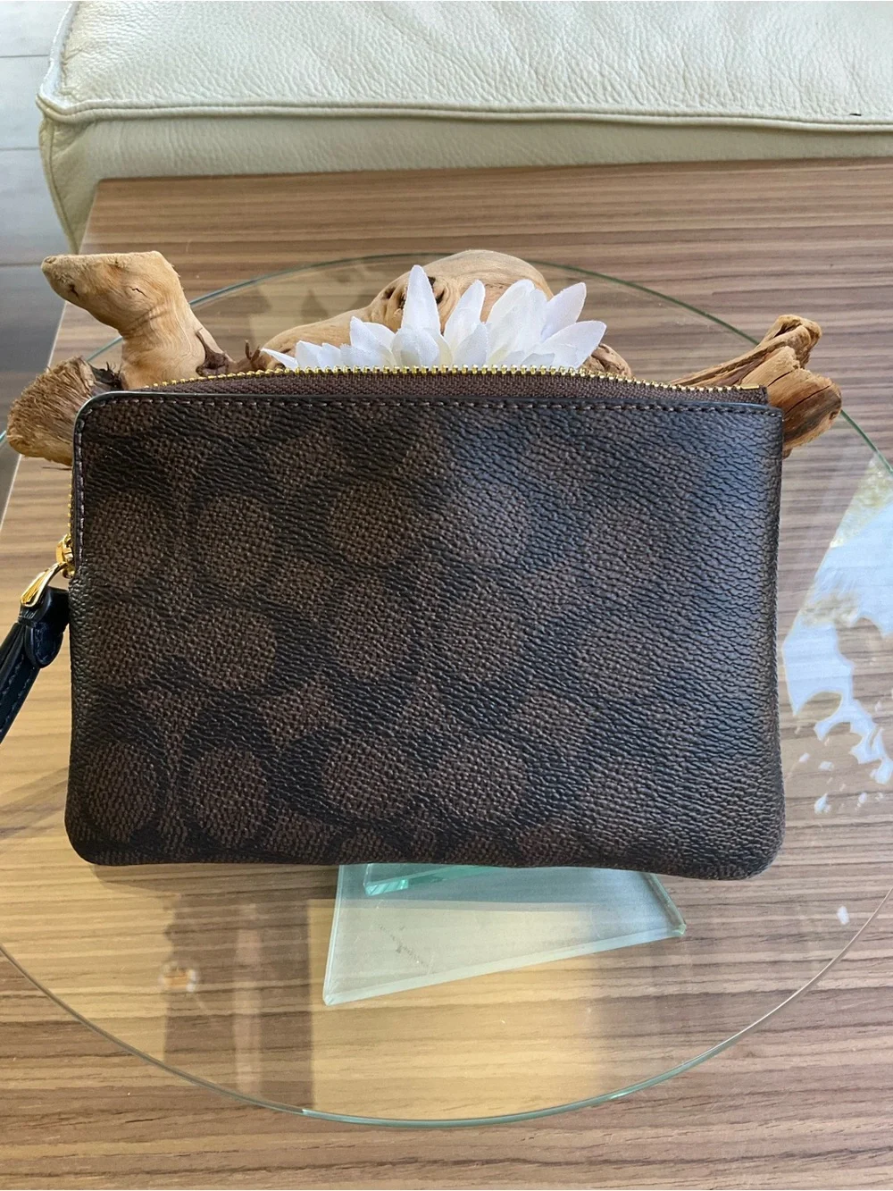 COACH Brown Signature Wristlet with Black Leather Trim